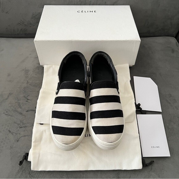 Celine Black/White Striped Canvas Slip On Sneakers - Picture 2 of 16